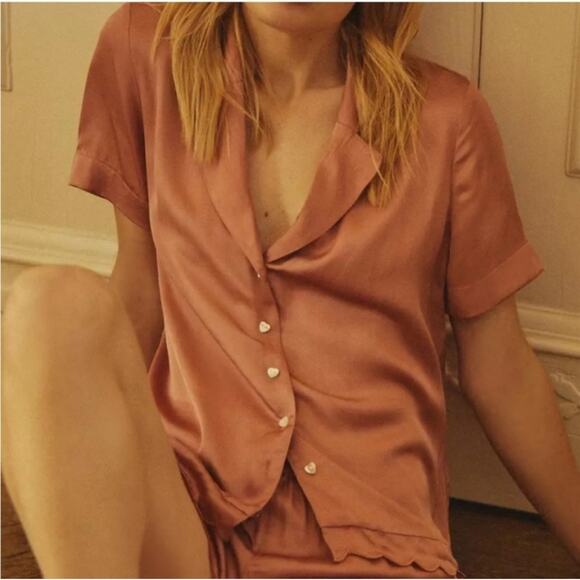 BHLDN Juniper Scalloped Heart Button Down Satin Pajama Top Shirt Blouse Small - Picture 2 of 8